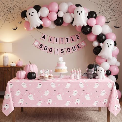 Image of LINHAXM 3 Pack Pink Halloween Tablecloth, Cute Ghost Halloween Disposable Plastic Table Covers for Halloween Birthday Baby Shower Decorations, 54 x 108 Inches