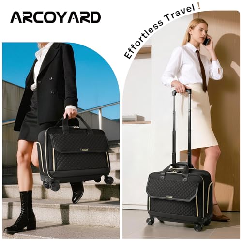 Image of Arcoyard Rolling Laptop Bag Women, Rolling Briefcase for Women for Work, 17 Inch Computer Bag with Multi-Wheels, Fashion Flap Laptop Bag With Wheels for Work Business, Black