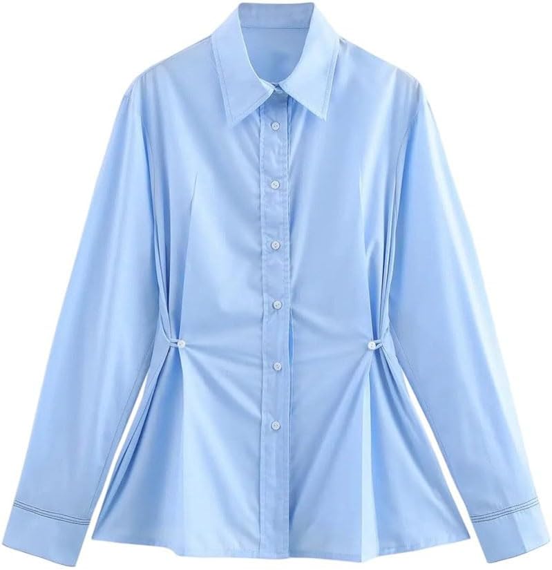 Women's Long-Sleeved Shirt with Button-Down Waist and Asymmetrical Hem