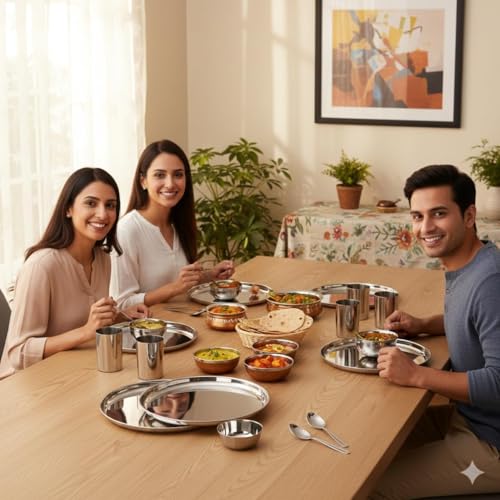 Image of Stainless Steel Solid Heavy Mirror Finish Dinner Set of 24 Pcs (6 Plate, 6 Bowl /Wati, 6 Glass, 6 Spoon), Silver Dinning Set Quality