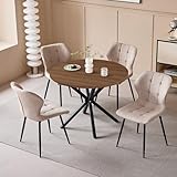 JZGORC Conjunto de Mesa y Sillas de Comedor Nórdicas, Mesa Redonda de 100 cm con veta de Madera Clara + Juego de 4 Sillas de Comedor de Lino Caqui con Patas de Metal