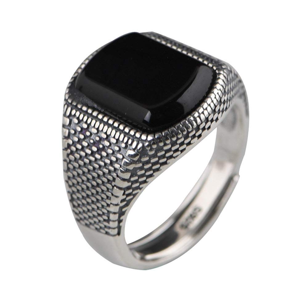 HGJH Silberringe Damen 925,925 Sterling Silber Großer Quadratischer Schwarzer Onyx Ring Natürliche Vintage Klobige Punk Verstellbare Ringe Edelstein Energie Charme Hochzeit Schmuck Geschenke Für Männ