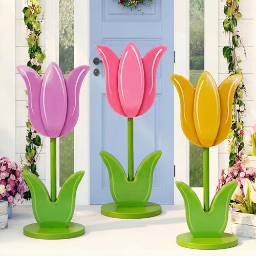 3 Pcs Large Spring Porch Decorations Wooden Tulip Yard Signs Outdoor Spring Decorations Tulip Flower Block Sign for Holiday Front Home Door Outdoor, 15.75 Inch