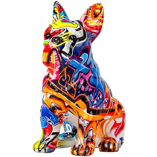 Bulldog dipinto - Statua del cane colorato | Ornamento di bulldog francese | Statua del cane graffiti | Scultura di animali in resina | Scultura d'arte per cani per casa moderna soggiorno decorazione