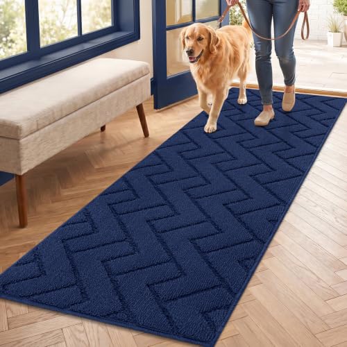 hicorfe Dirt Trapper Indoor Doormat,20"x59" Welcome Door mat,Non Slip Backing Washable Door Mats,Absorbent and Resistant Low-Profile Entrance Inside Floor Mat for Front Back Door,Entryway (Navy Blue)