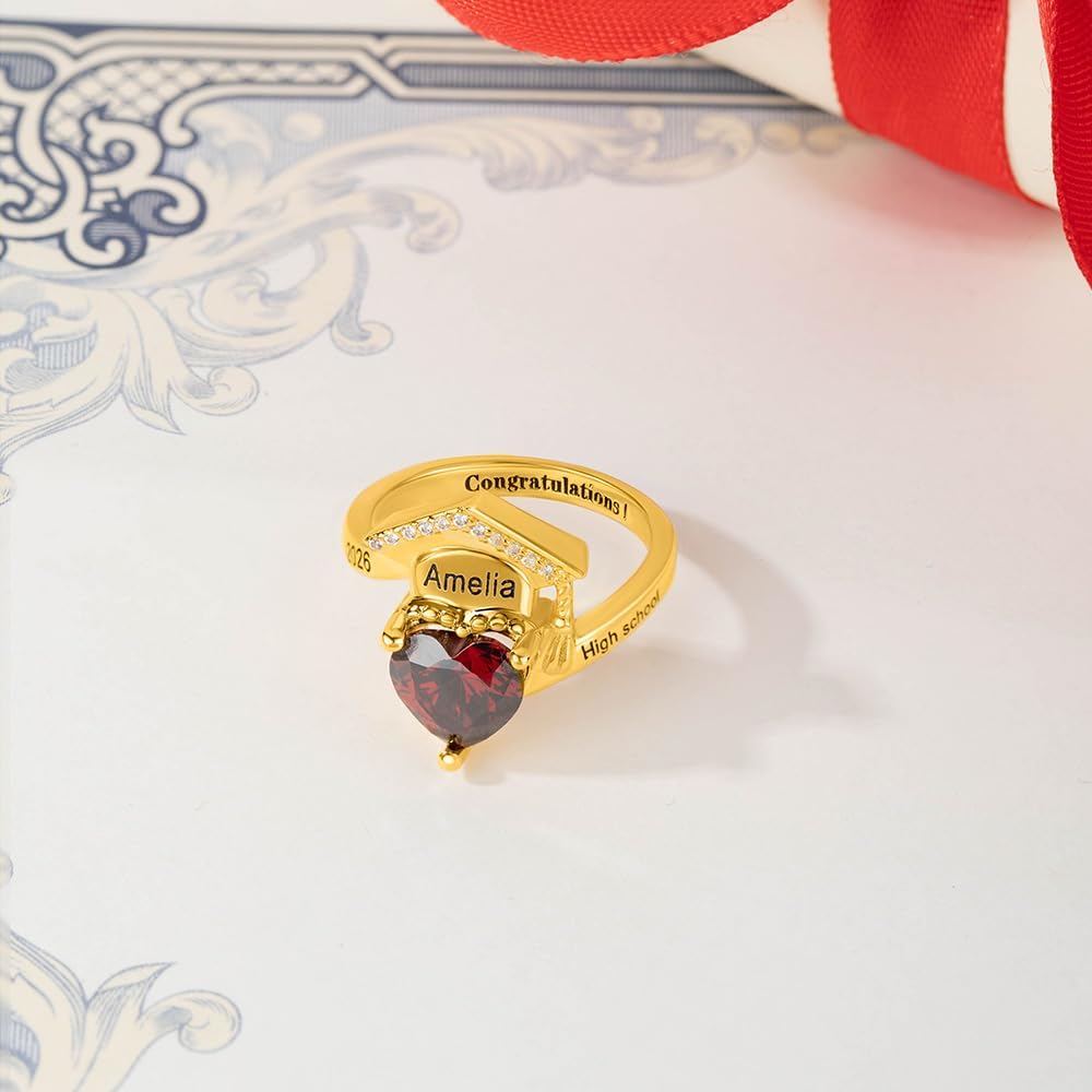 NICEDREAM Custom Class Ring with Graduation Cap for Women Men Graduation Hat Ring with Birthstone for Her 2026 Silver Gold Junior Grad Ring Personalized Engraved High School University College Rings