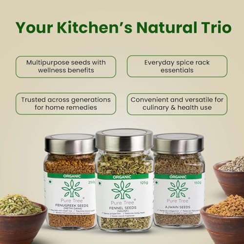 Image of Pure Tree Certified Organic Ajwain 150g, Methi Seeds 250g, Saunf 125g | Glass Jar | Carom, Fenugreek & Fennel | Whole Seeds Vaamu, Methi dana, Variyali Spice Combo Pack