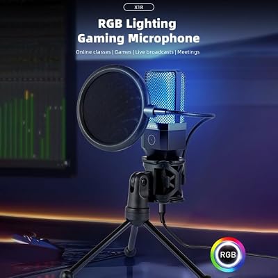 Coverzone Computer RGB Microphone 20-20kHz Professional Podcast Microphone Kit Plug and Play USB Wired Pc Vlog Youtuber Kick Live Broadcast X1R For Laptop
