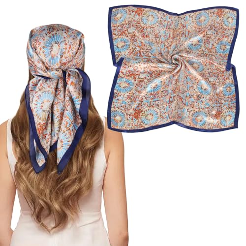 EXTREE Silk Feeling Scarf Medium Square Satin Head Scarf Sleeping Hair Wrapping for Women 27.5 × 27.5 inches Blue Geometric Print
