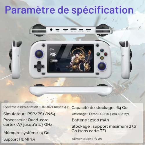 Console de jeu portable - 128 Go de mémoire interne avec 20 000 jeux - Système Linux - Console de jeu vidéo portable - Écran IPS de 4,3" - Plus de 30 émulateurs et système Linux - Blanc - 128 Go – vue 4
