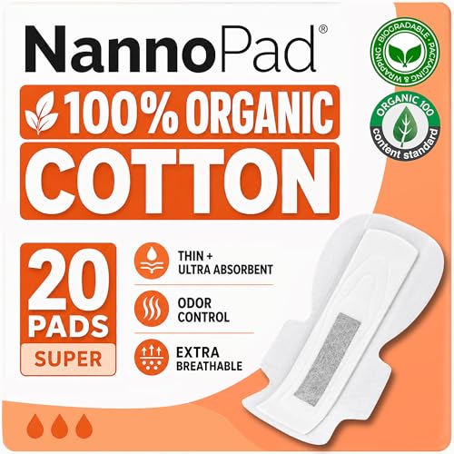 Image of Organic Pads for Women - 100% Organic Cotton Overnight Pads with Wings - High Absorbency (180mL), Comfortable & Ultra-Thin - No Fragrances, Odor-Control, Breathable - Super (1 Pack, 20 Count)
