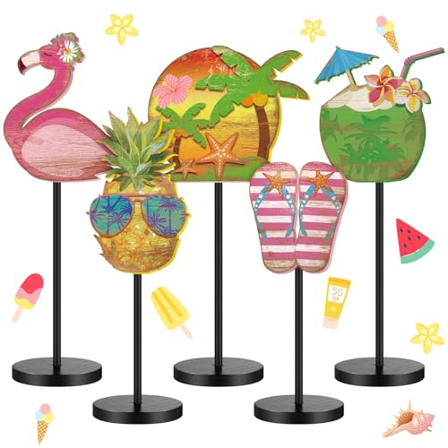 Image of Yousoontic 5 Pcs Summer Beach Table Decor Tropical Hawaii Centerpiece for Table Summer Flamingos Wooden Sign Pineapple Coconut Tiered Tray Decor for Home Kitchen Fireplace Mantel Shelf
