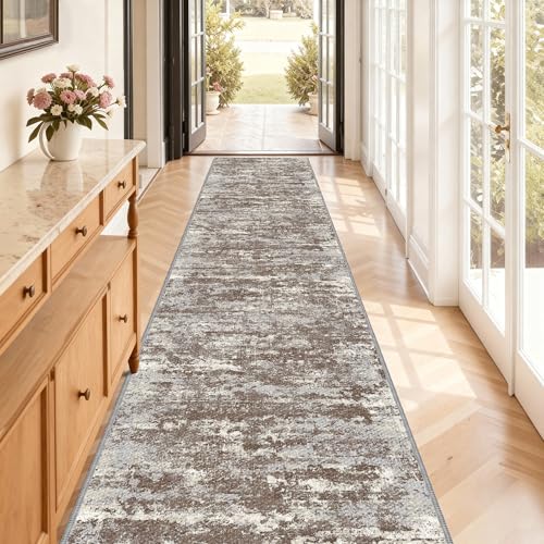 TTelephant Non Slip Floor Runners for Dogs 2.6x12 Washable Runner Rug Abstract, Joint Support for Senior Dogs, Woven, Extra Grip Traction Runners for Hallway, Entryway, Walkway, Brown
