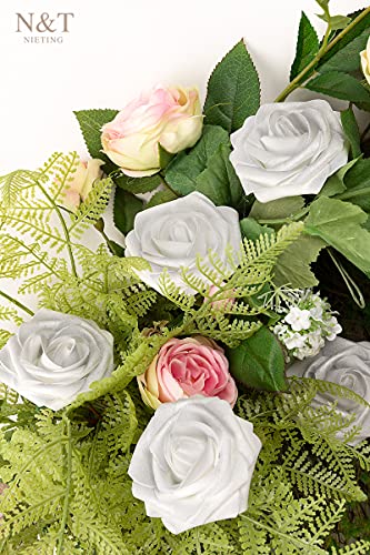 N&T Nieting Artificial Flowers, 25Pcs Fake Flowers With Stems For Cake Decoration Diy Wedding Party Baby Shower Decoration, Silver White And Silver Grey #TOP2