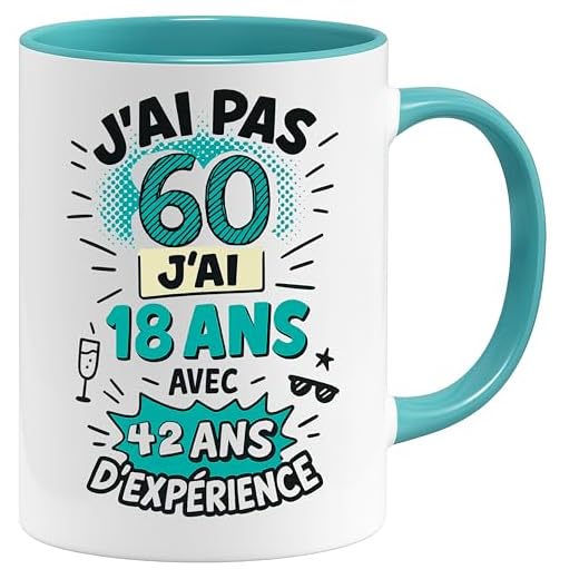 Jungle Mug | Mug 60 Ans Anniversaire Humour | Cadeau Original Femme Homme 60e Année | Tasse Drôle J’ai Pas 60 Ans – J’ai 18 Avec 42 Ans d’Expérience | Céramique, Blanc/Bleu, 330 ml