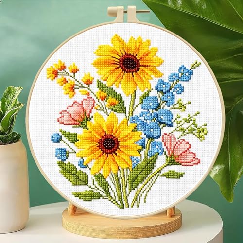 Image of Zhenqing Sunflower Bouquet Cross Stitch Kit for Beginners - Complete Set with Pre-Printed 11CT 24x24cm Fabric, Hoop & Threads(65637)