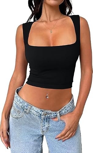 Bovldemt Women's Black Square Neck Sleeveless Crop Top (L)