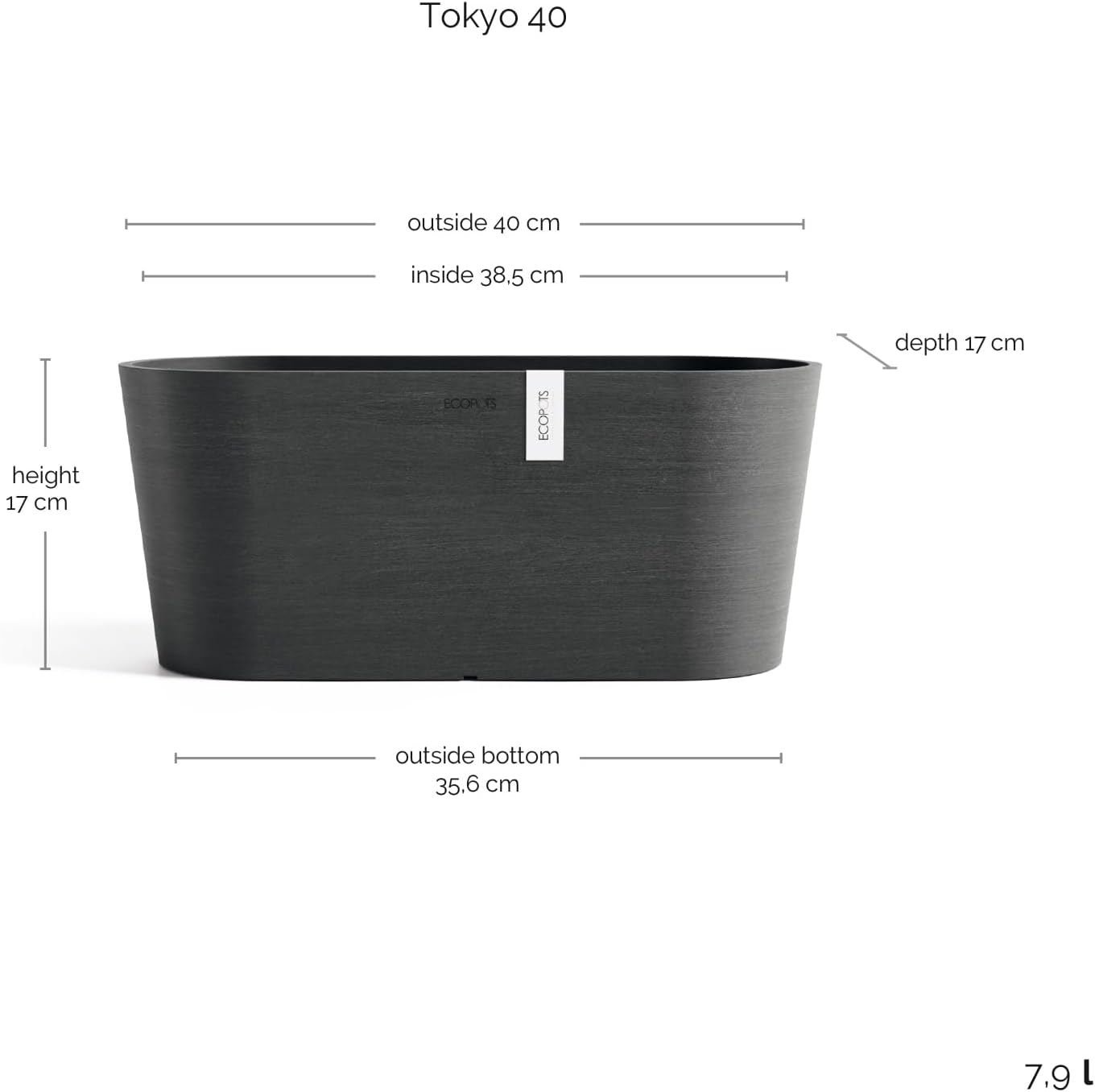 Ecopots Sofia Durable Modern Oval Indoor/Outdoor Recycled-Based Composite Flower Pot Planter w/Water Reservoir, Dark Grey, 16"