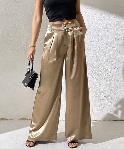 Women's Wide Leg Palazzo Pants Satin Silky Dressy Casual Shiny Sparkle Sequin Party Night Out Work Trouser2