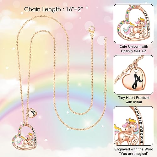 Unicorns Gifts for Girls Necklace, 14K Gold/White Gold/Rose Gold Plated Colorful CZ Heart Necklace Unicorn Necklace for Girls Initial Necklace Unicorn Jewelry for Girls Christmas Birthday Gifts4