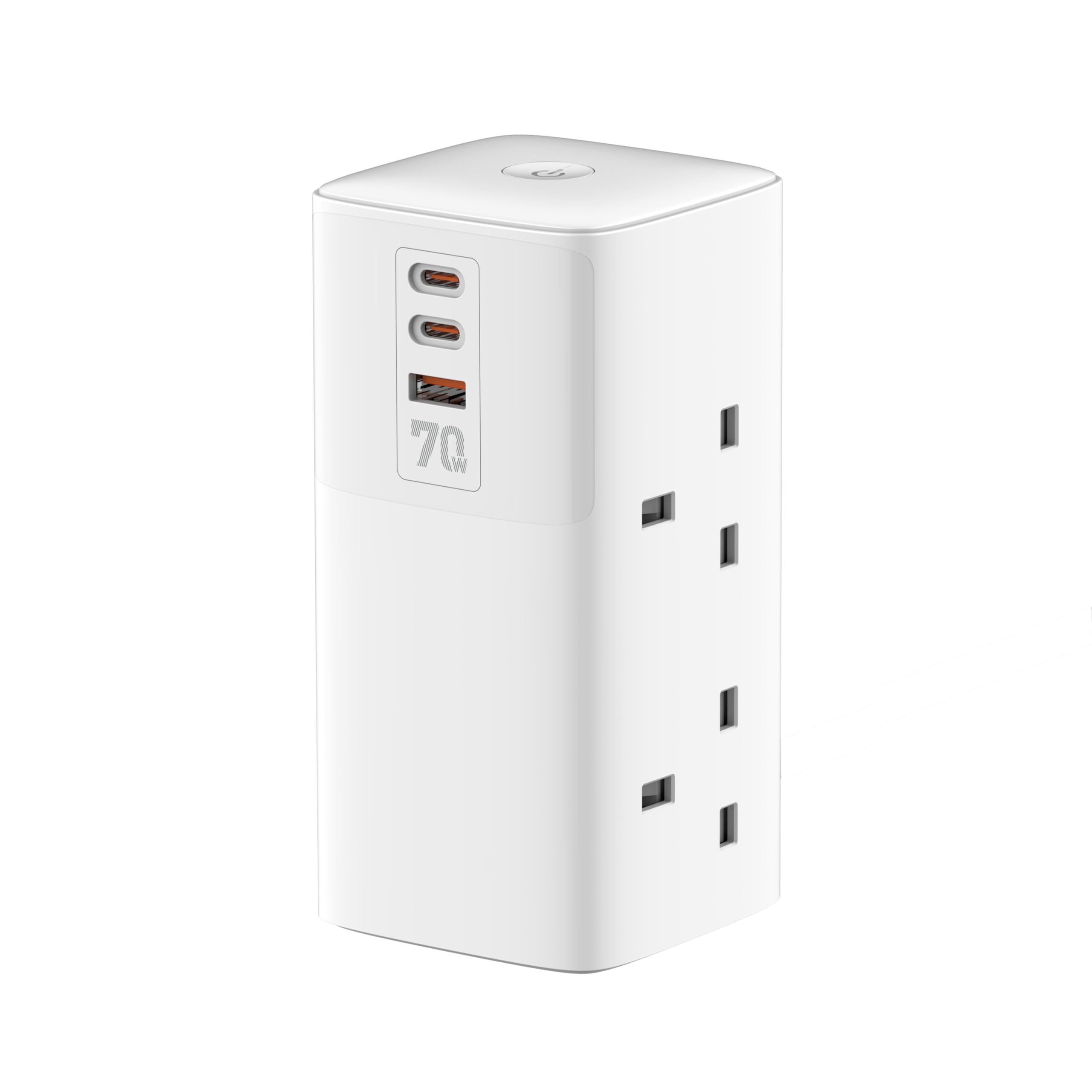 MINGWU 70W GaN Power Strip Tower, 2500W Desktop Charging Station with 2 USB-C (PD 70W), 1 USB-A (QC 30W), and 4 AC Outlets, Overload Protection & Child Safety Door for Home, Office