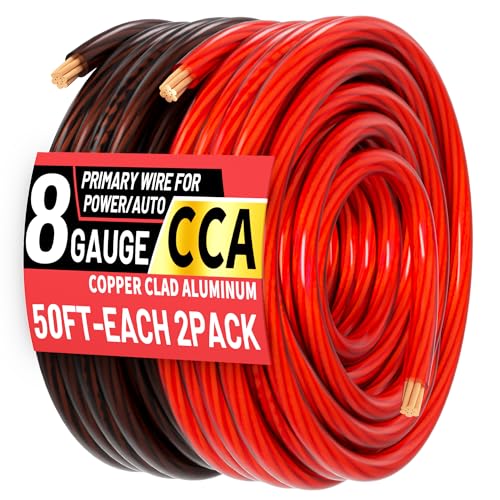 8 Gauge Wire(50FT Black + 50FT Red) Copper Clad Aluminum CCA Battery Cable Primary Power/Ground Cable for Car Audio Speaker RV Trailer Amp Inverter RV Truck Solar Equipment Translucent Jacket