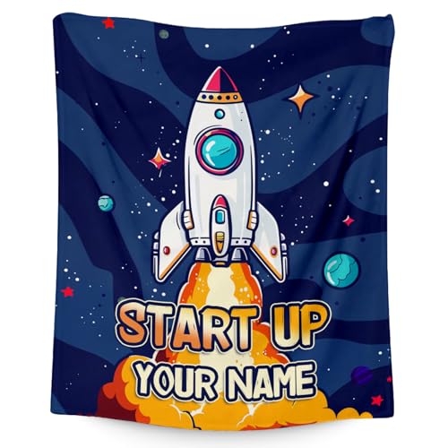 Custom Planets for Kids with Name - 50x60 Inches Cute Throw Blanket for Men, Women - Blue Soft Fuzzy Blankets for Bed, Couch & Travel