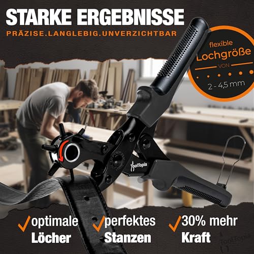 Lochzange für Leder [KOMPLETTSET], Locheisen | Lochstanzer als Leder Werkzeug, Lochzange Papier, Gürtel Locher, oder Lochstanze für Stoff, Biothane, Kunstleder etc. Hole Puncher mit Komforthebel
