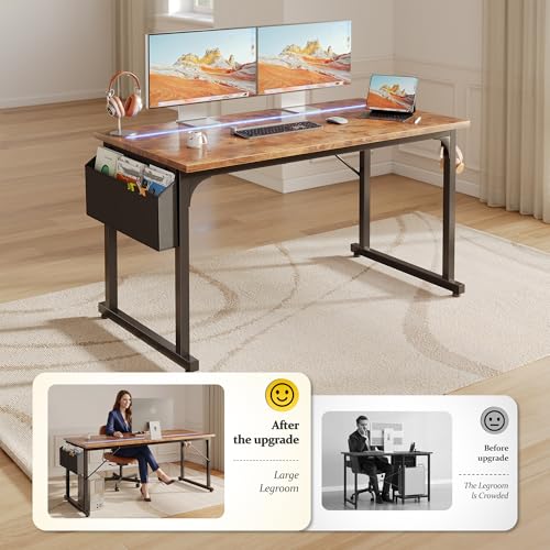Image of DurayLoly 48 Inch Computer Desk with Waterproof LED Lights,Study Desk for Teens & Home Office,Headphone Hook & Storage Bag Included,Sturdy Metal Frame,Small Space Friendly,Rustic Brown