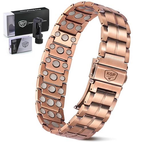 KGP® Mens Magnetic Copper Bracelet with 3X Strength Ultra Enhanced Magnets,Adjustable 99.99% Solid Pure Copper Therapy Bracelet for Men,Magnetic Copper Wristband Jewelry with Gift Box
