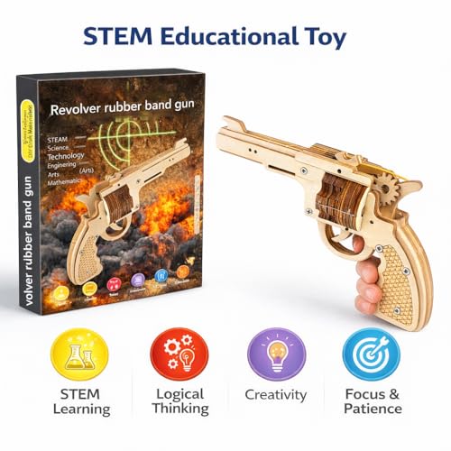 Image of Wooden Rubber Band Gun Toy DIY STEM Building Kit for Kids 8+ | Safe Educational Revolver Model | Learning & Creativity Toy(Revolver Rubber Band Gun)