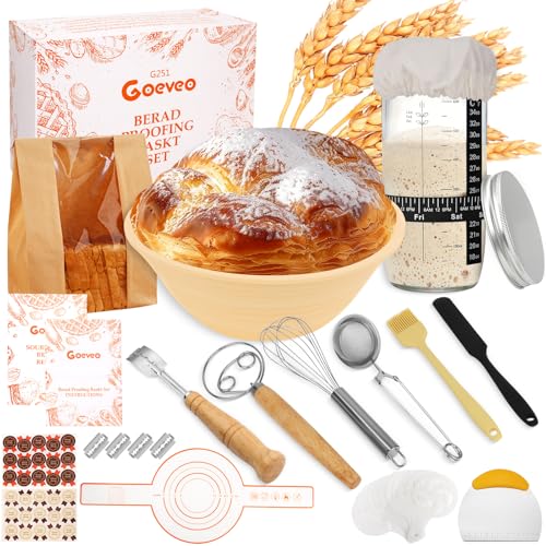 Goeveo Sourdough Starter Kit, 16Pcs Bread Proofing Basket 650ml Sourdough Starter Jar Feeding Time Tracker Basket Baking Accessories Bread Making Gifts for Bakers