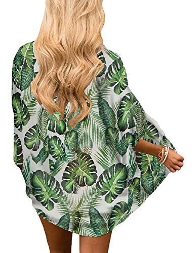 Women's Tropical Hawaiian Tops Boho Green Kimono Cover Ups Palm Tree Leaf Print Summer Beach Chiffon Sheer Cardigan Jungle Blouse XL - Thumbnail 2