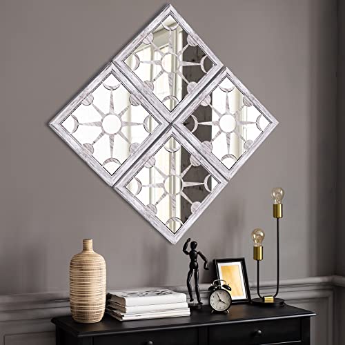 Art-Giftree Square Wall Mirrors Decor 4Pcs: Decorative Farmhouse Wall Mirrors 12X12 Inches For Living Room, Hallway, Entryway, Shabby Whitewashed Wood Wall-Mounted Mirrors #TOP5