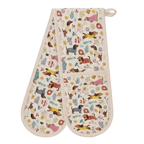 Image of Dachshund Oven Mitts Heat Resistant Dachshund Lovers Gifts Double Oven Gloves with Loop Non-Slip Cute Weiner Dog Design Cotton Gloves Extra Long for Kitchen Cooking Baking Barbecue Grilling