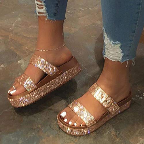 Hiriri Womens Double Strap Slip On Slides Glitter Flat Platform Sandals High Heels Slippers Crystal Shoes Gold #TOP2