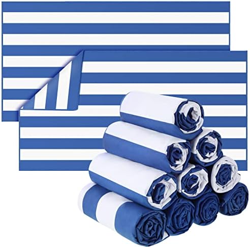 12 Pcs Microfiber Beach Towel Set Sand Free Beach Towel Bulk, 63 x 32 Inch Quick Dry Beach Towel, Extra Large Beach Pool Towels for Adults, Travel Camp Oversized Cabana Towel (Navy Blue Striped)