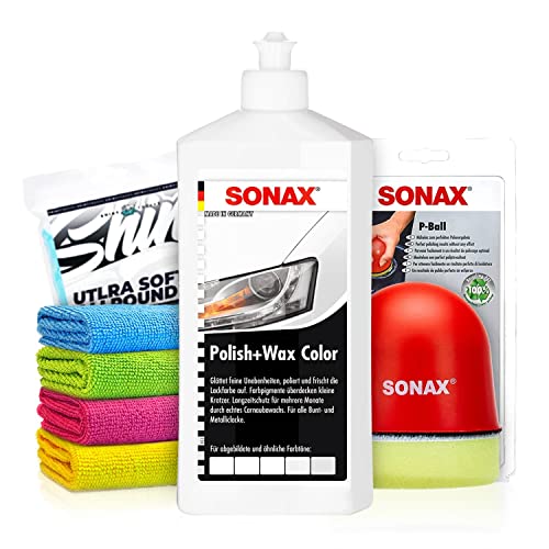Politurset: SONAX Polish+Wax Color weiß (500 ml) Auto Politur mit weißen Farbpigmenten und Wachsanteilen +Applikator + Mikrofasertücher | mühelos und schnell zum perfekten Polierergebnis | 6-Teilig Politurset: SONAX Polish+Wax Color weiß (500 ml) Auto Politur mit weißen Farbpigmenten und Wachsanteilen +Applikator + Mikrofasertücher | mühelos und schnell zum perfekten Polierergebnis | 6-Teilig