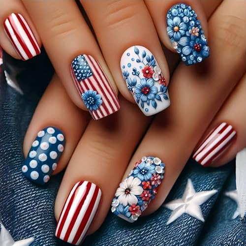 Independence Day Press on Nails National Flag Stick on Nails Medium Coffin Fake Nails Blue Flower Glue on Nails Stripe Acrylic False Nails Full Cover Artificial Press on Nails for Women Girls 24Pcs