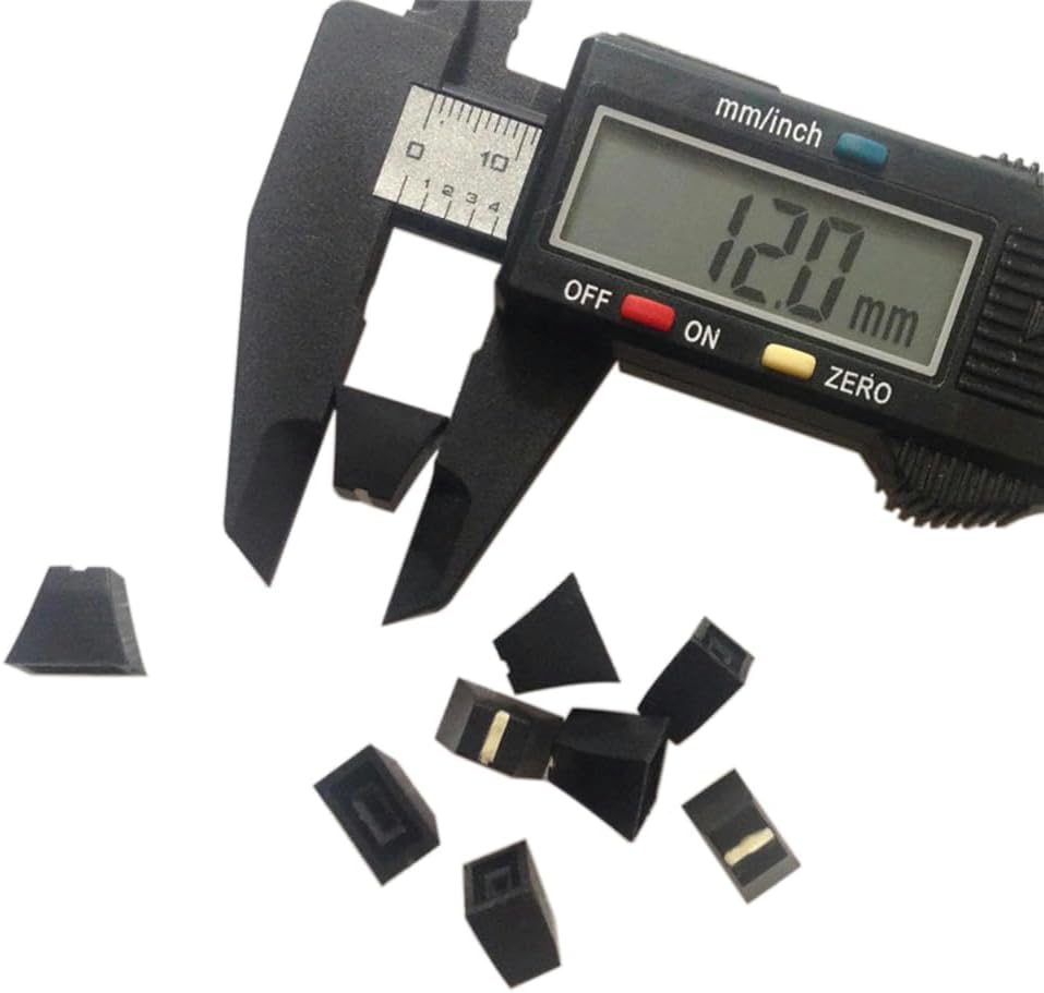 Digital caliper measuring the length of a push button cap, showing 12.0 mm.