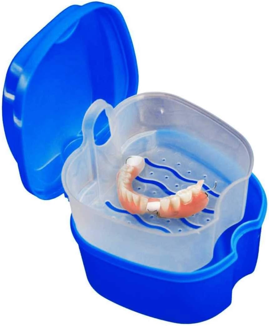 Denture Box Case, Riforla Denture Bath Box Case Dental False Teeth Storage Box with Hanging Net Container (Dark Blue)