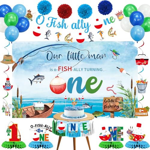 Crenics Ofishally One Birthday Decorations - Our Little Man Is Ofishally Turning One Backdrop, Banner, Hanging Swirls, Paper Pom Poms, Honeycomb and Balloons for Boy 1st Birthday Party Supplies by Crenics - Used condition - US$11.58