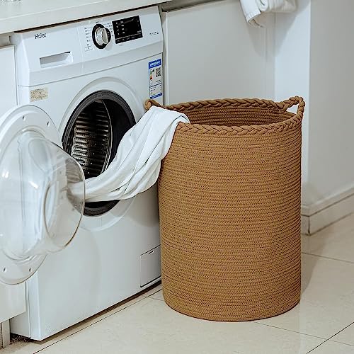 Image of ALBY Woven,Tall Wicker Laundry Basket for Blankets,Clothes,Pillows,Toys,Shoes Large Cotton Laundry Hamper for Bedroom Living Room Bathroom Nursery (58L / Large 15 inchD x 20 inchH, LIGHT BROWN)