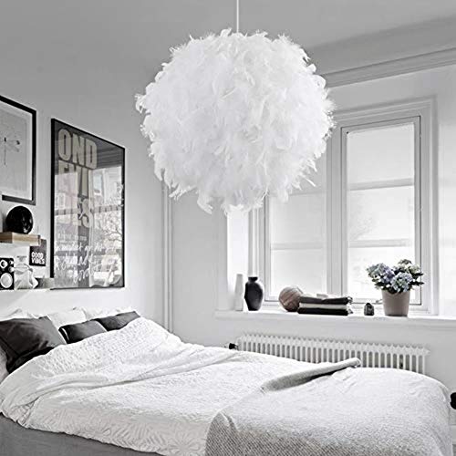 TIANCAI E27 Global Feather Ceiling Pendant Light, Modern Nordic-style Romantic Chandelier with Feather Lampshade Home Decoration for Living Room Bedroom Dining Room 30cm (White)