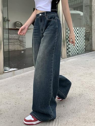 Image of GRECIILOOKS Cargo Jeans for Women - Wide Leg High Waist Baggy Denim Pants | Casual Fit Trousers with Utility Pocket Design