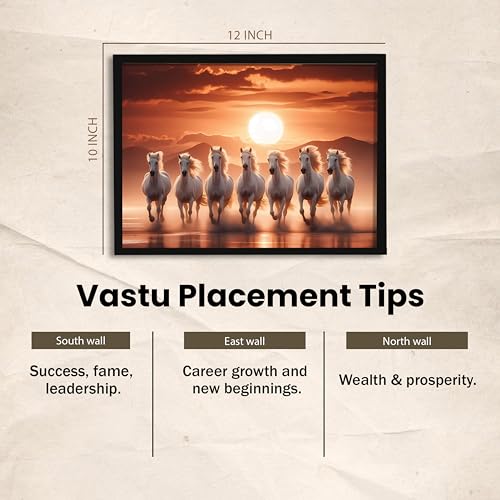 Image of 7 White Running Horses Vastu with Sunrise Framed Wall Art Painting for Living Room | Seven Horse Wall Painting With Frame Symbol of Success Wall Art for Home & Office, 10x12 Inch