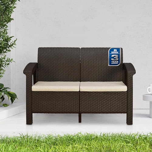 Nilkamal Goa 2 Seater Balcony Sofa with Cushion|Indoor & Outdoor Furniture | Patio Chair Two Seater | Perfect for Gardens Poolside Cafes Restaurants and Terraces | Weathered Brown