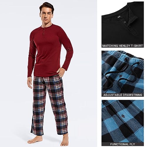 DG Hill Men's Fleece Pajama Set - Plaid Pants and Cotton Shirt Sleepwear