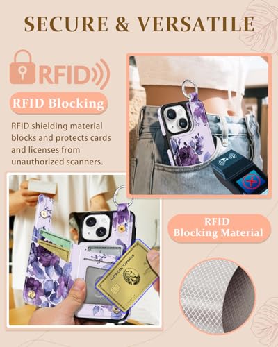 Shorogyt for iPhone 14 Wallet Case, Purple Flower - image 5