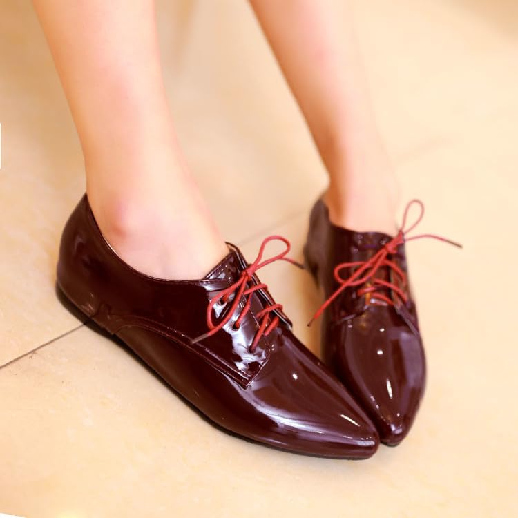 Women Lace Up Derby Shoes Glossy Patent Pointed Toe Flat4